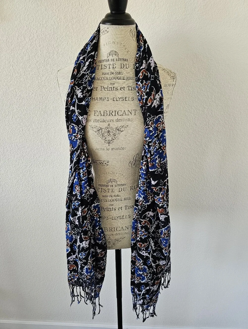 Floral Paisley Scarf Wrap Shawl Black Blue Rust Orange Fringe Sarong 72x26​